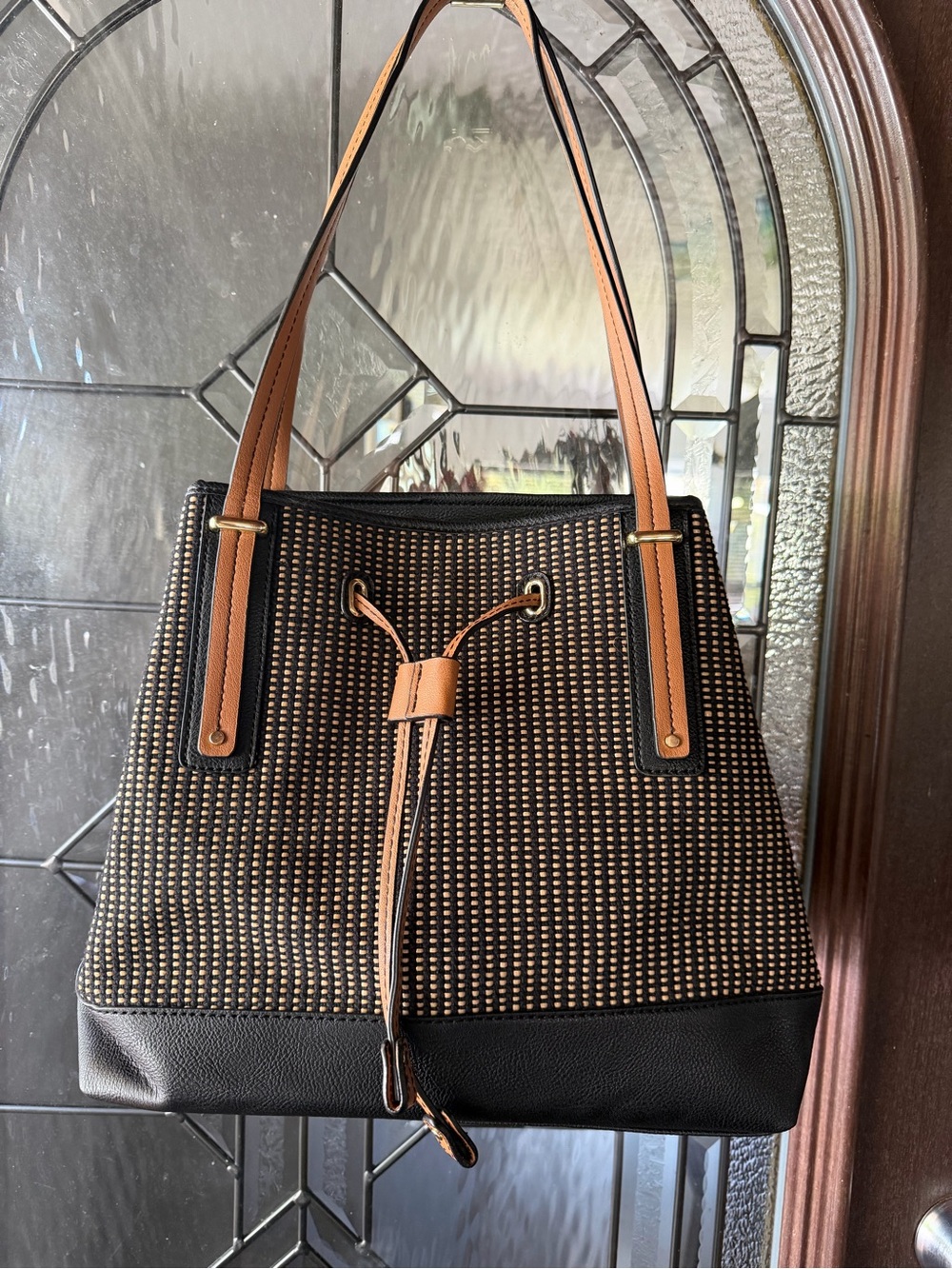 Nine West Black and Tan Woven Drawstring Shoulder Bag